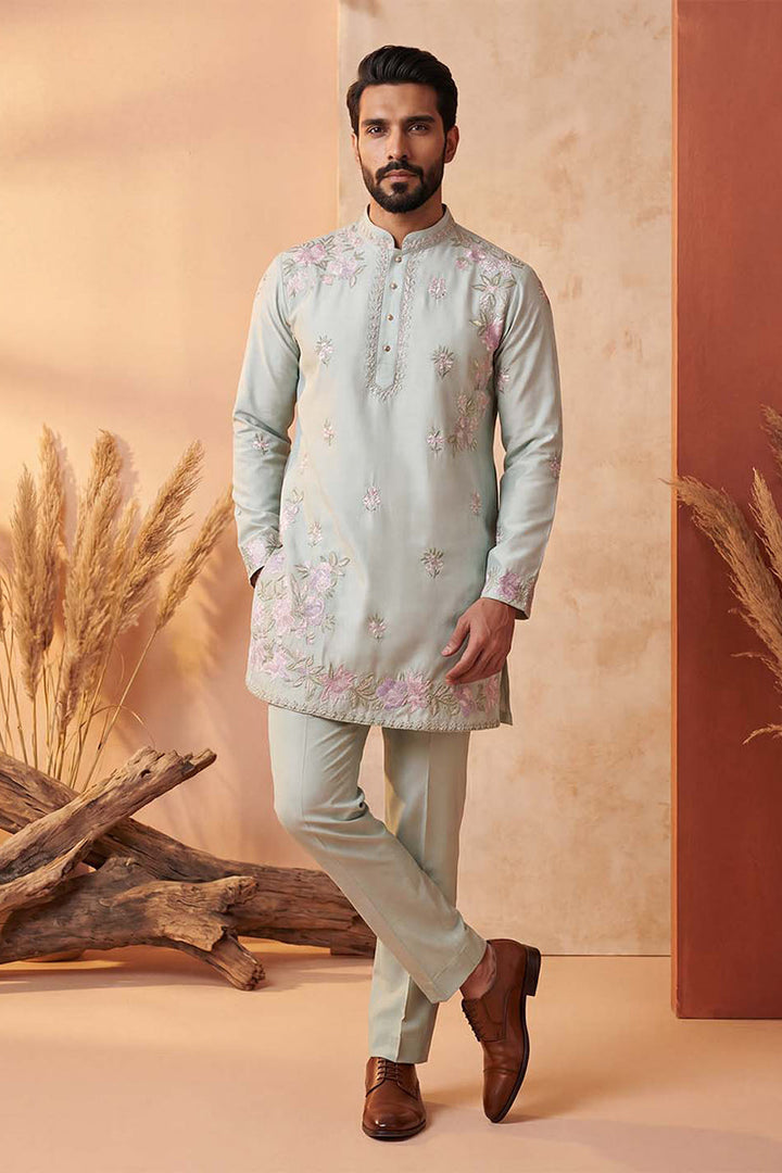 Men Green Silk Blend Embroidered Straight Kurta Sets | SHOBITAM