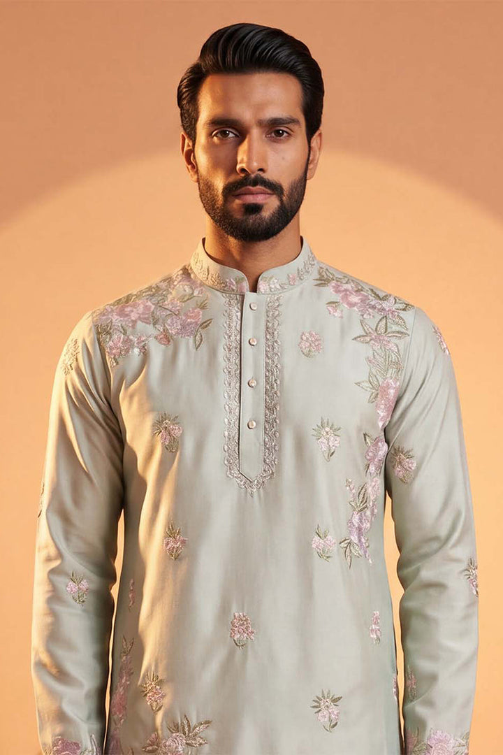 Men Green Silk Blend Embroidered Straight Kurta Sets | SHOBITAM