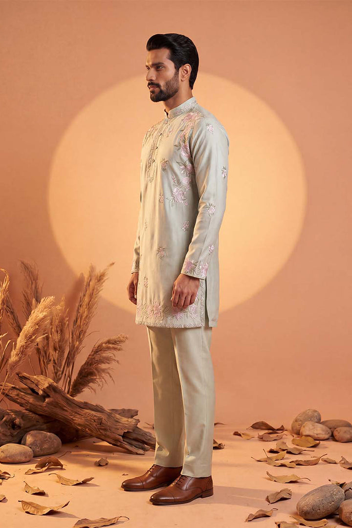 Men Green Silk Blend Embroidered Straight Kurta Sets | SHOBITAM