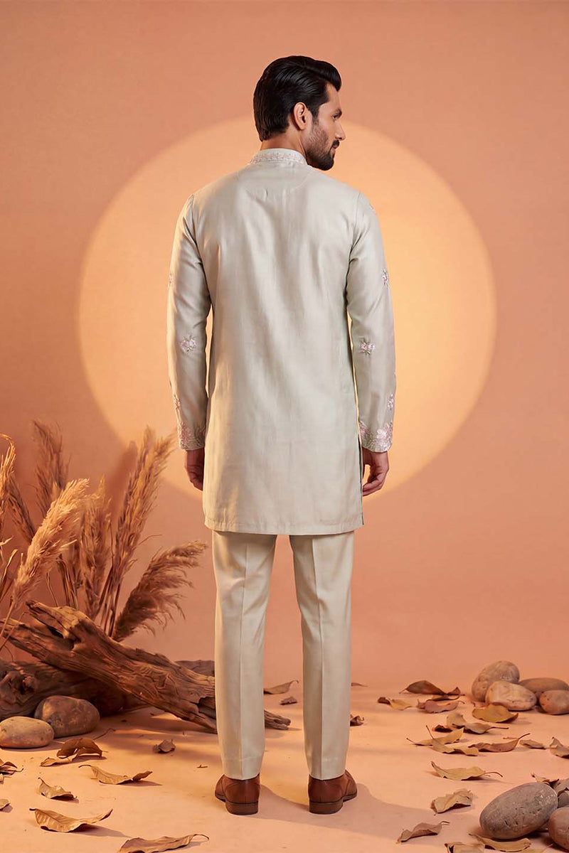 Men Green Silk Blend Embroidered Straight Kurta Sets | SHOBITAM