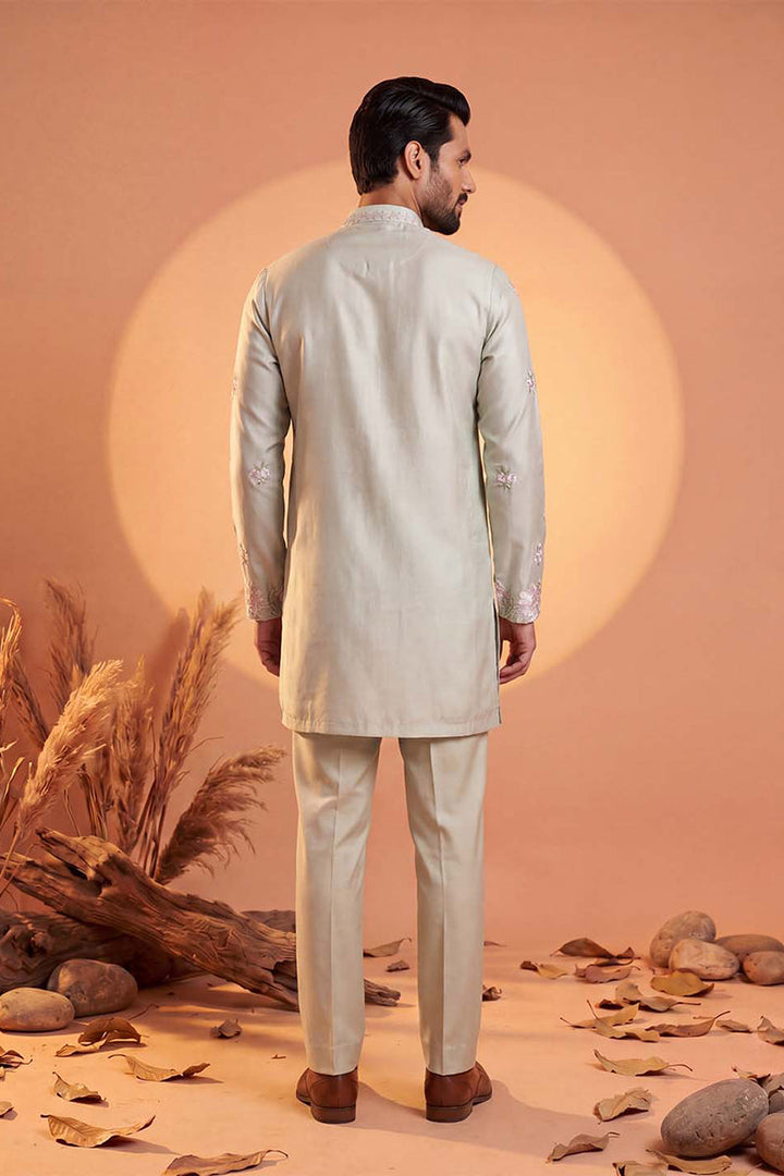 Men Green Silk Blend Embroidered Straight Kurta Sets | SHOBITAM