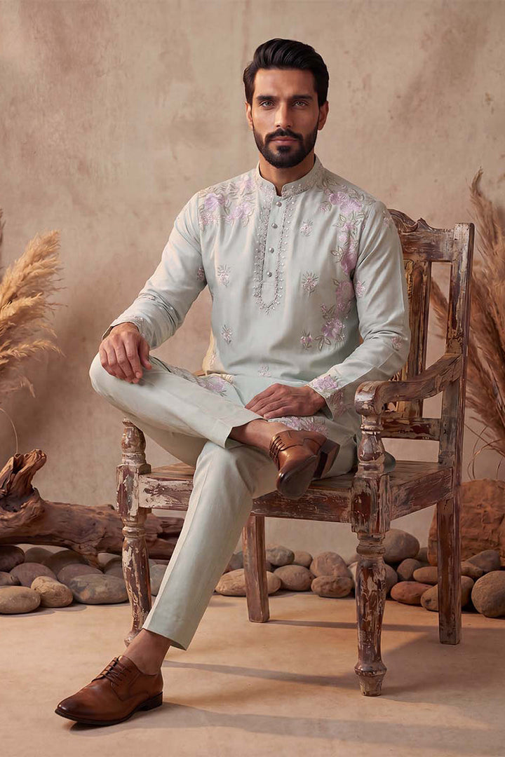 Men Green Silk Blend Embroidered Straight Kurta Sets | SHOBITAM
