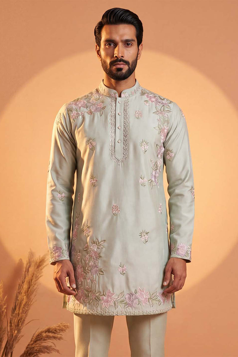 Men Green Silk Blend Embroidered Straight Kurta Sets | SHOBITAM