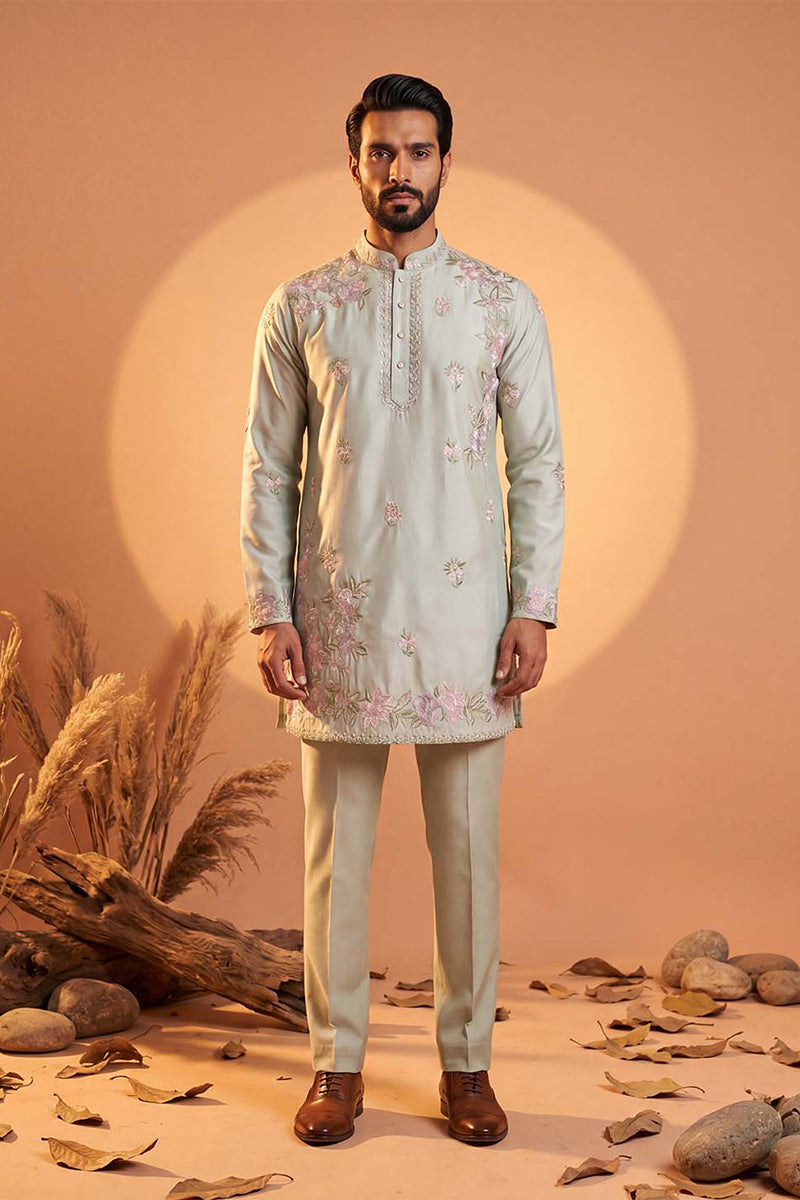Men Green Silk Blend Embroidered Straight Kurta Sets | SHOBITAM