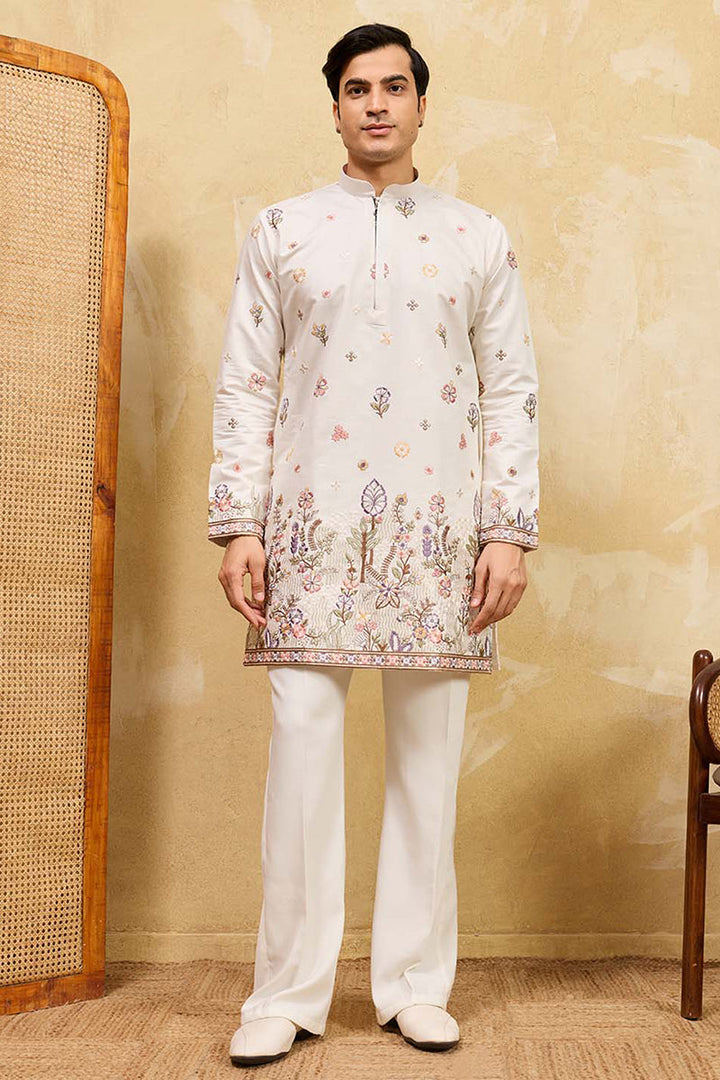 Men White Silk Blend Embroidered Straight Kurta Sets | SHOBITAM