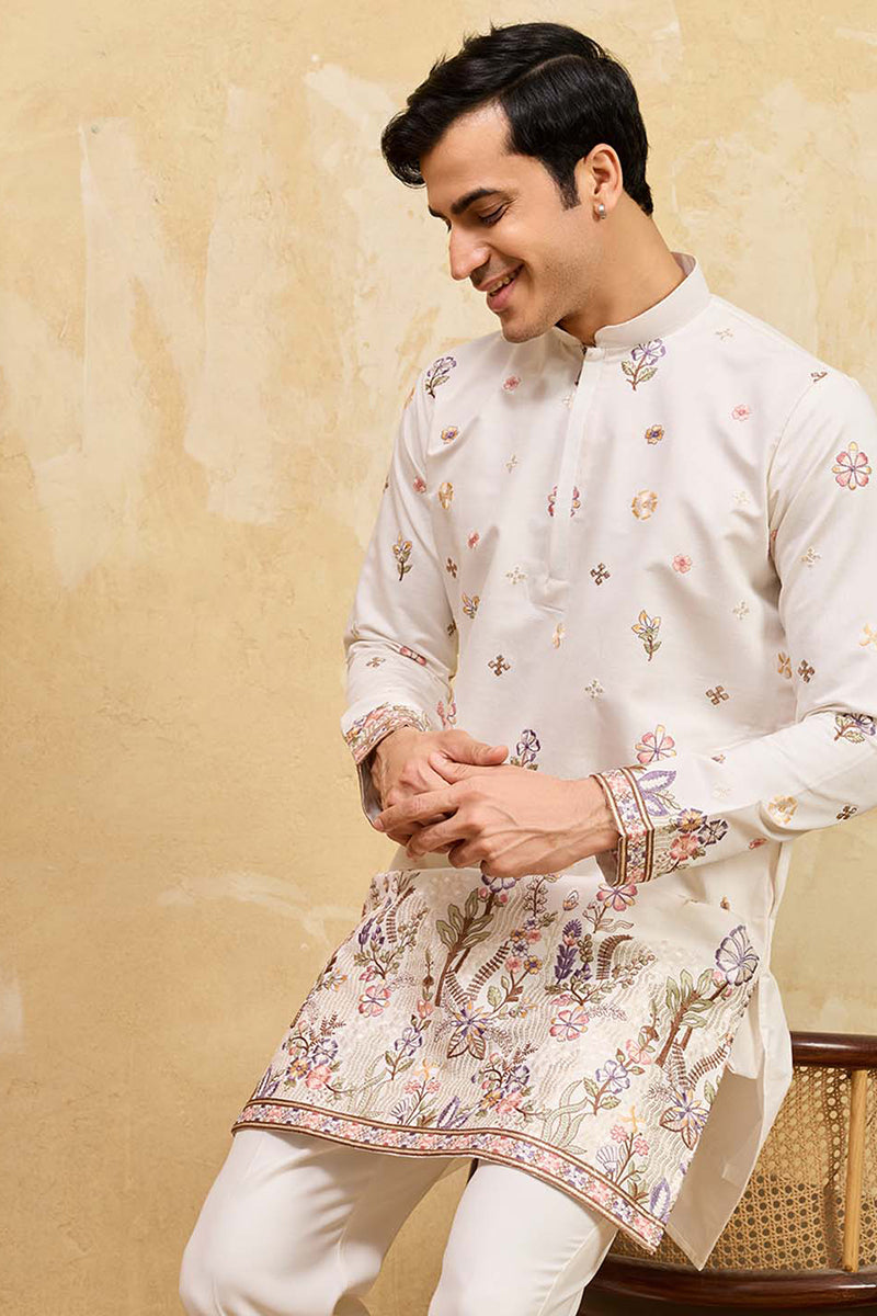 Men White Silk Blend Embroidered Straight Kurta Sets | SHOBITAM
