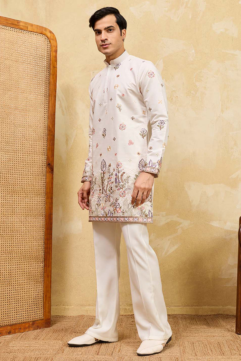 Men White Silk Blend Embroidered Straight Kurta Sets | SHOBITAM