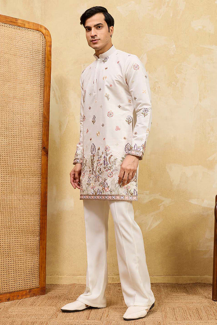 Men White Silk Blend Embroidered Straight Kurta Sets | SHOBITAM