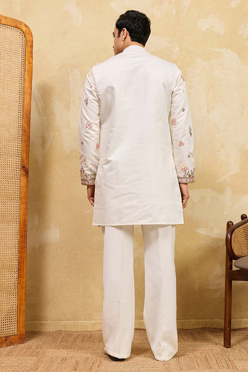 Men White Silk Blend Embroidered Straight Kurta Sets | SHOBITAM