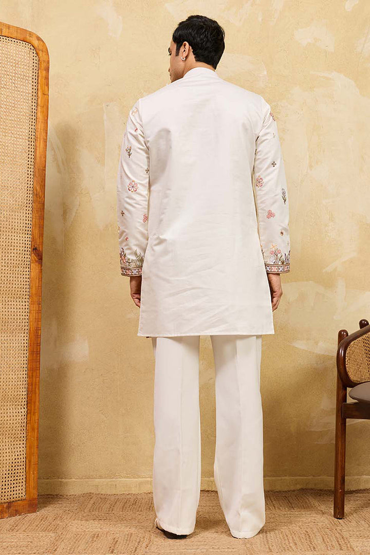Men White Silk Blend Embroidered Straight Kurta Sets | SHOBITAM