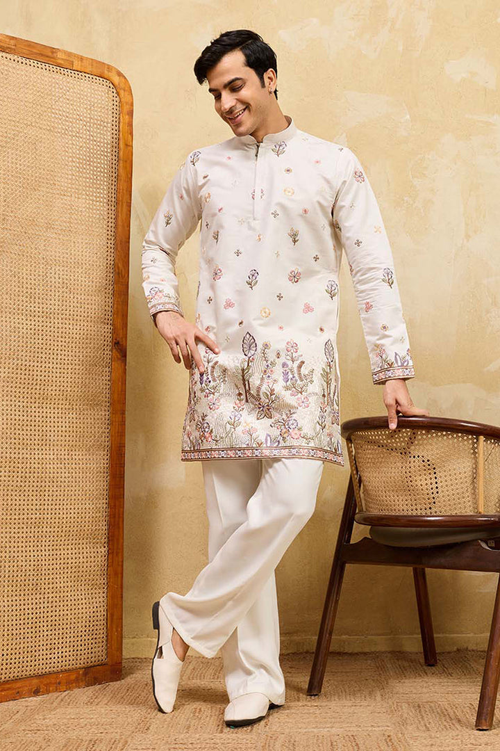 Men White Silk Blend Embroidered Straight Kurta Sets | SHOBITAM