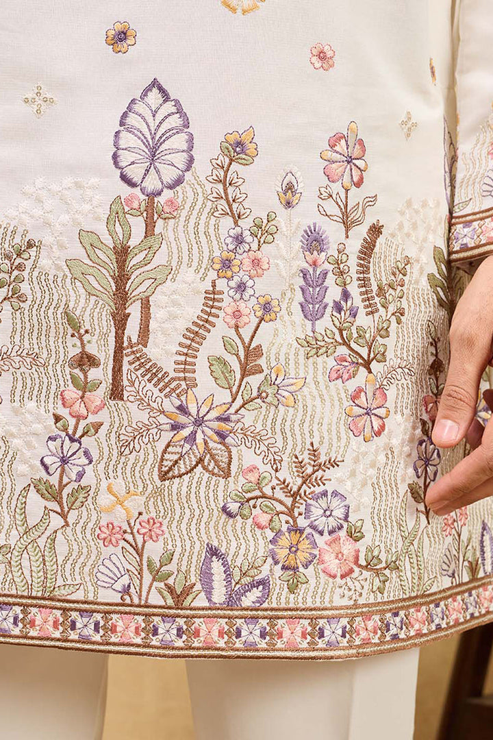 Men White Silk Blend Embroidered Straight Kurta Sets | SHOBITAM