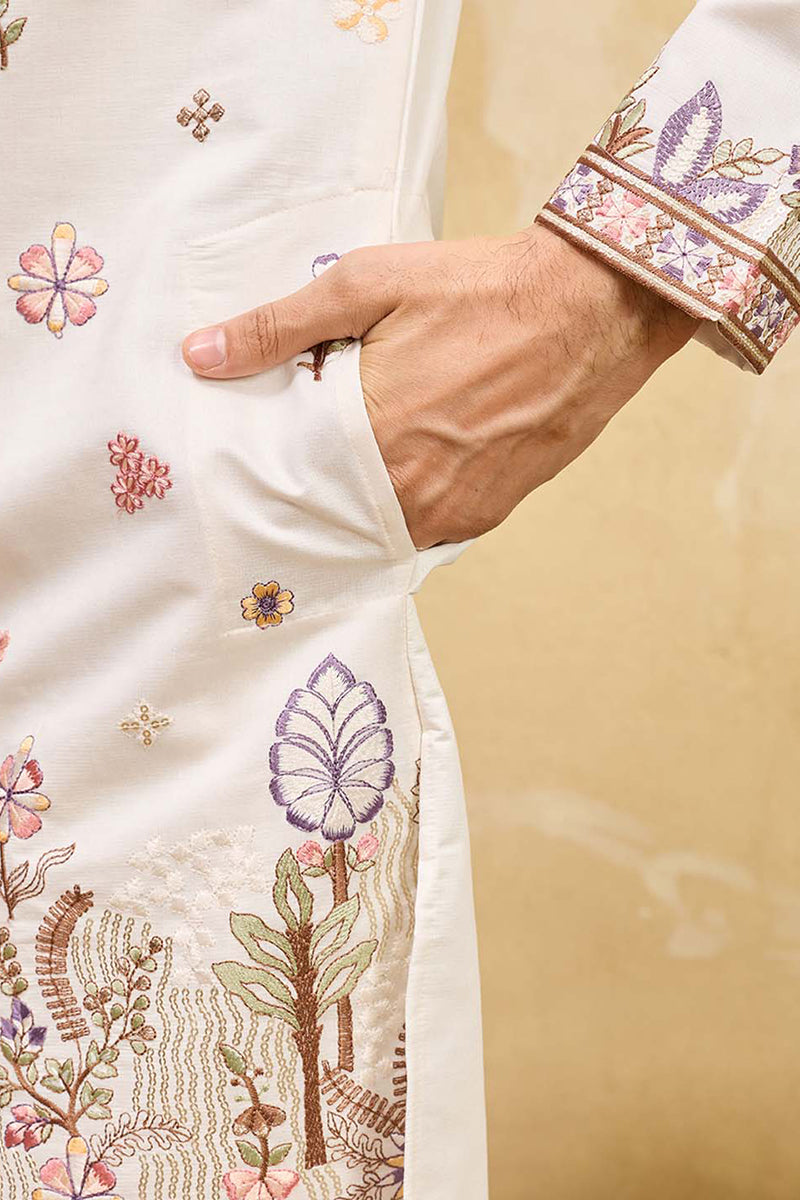 Men White Silk Blend Embroidered Straight Kurta Sets | SHOBITAM