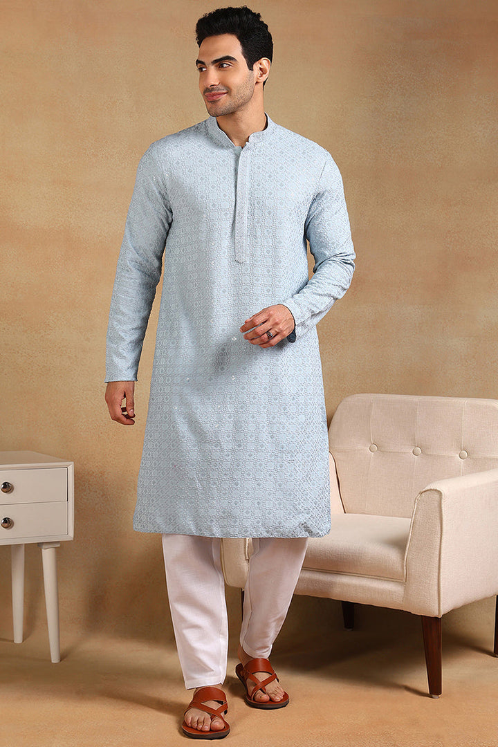 Blue Viscose Rayon Solid Embroidered Straight Kurta For Men | SHOBITAM