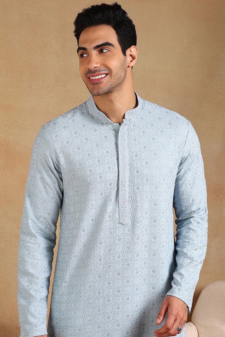 Blue Viscose Rayon Solid Embroidered Straight Kurta For Men | SHOBITAM