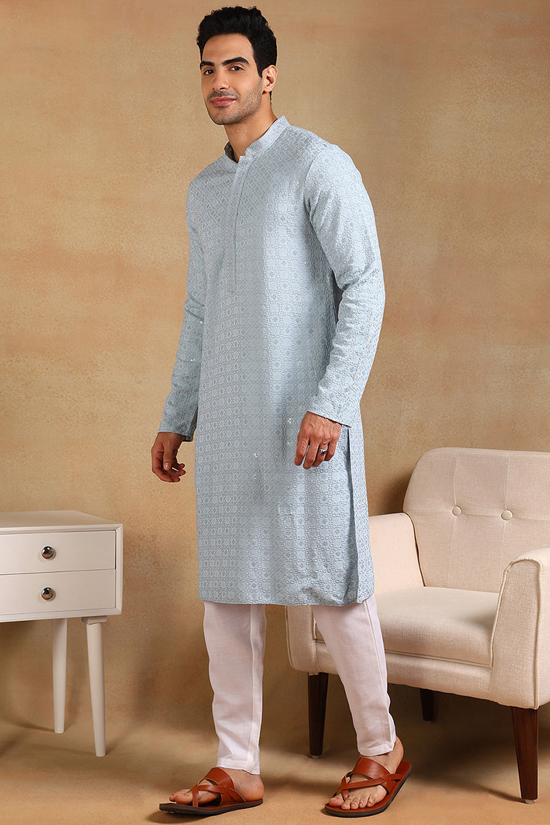 Blue Viscose Rayon Solid Embroidered Straight Kurta For Men | SHOBITAM