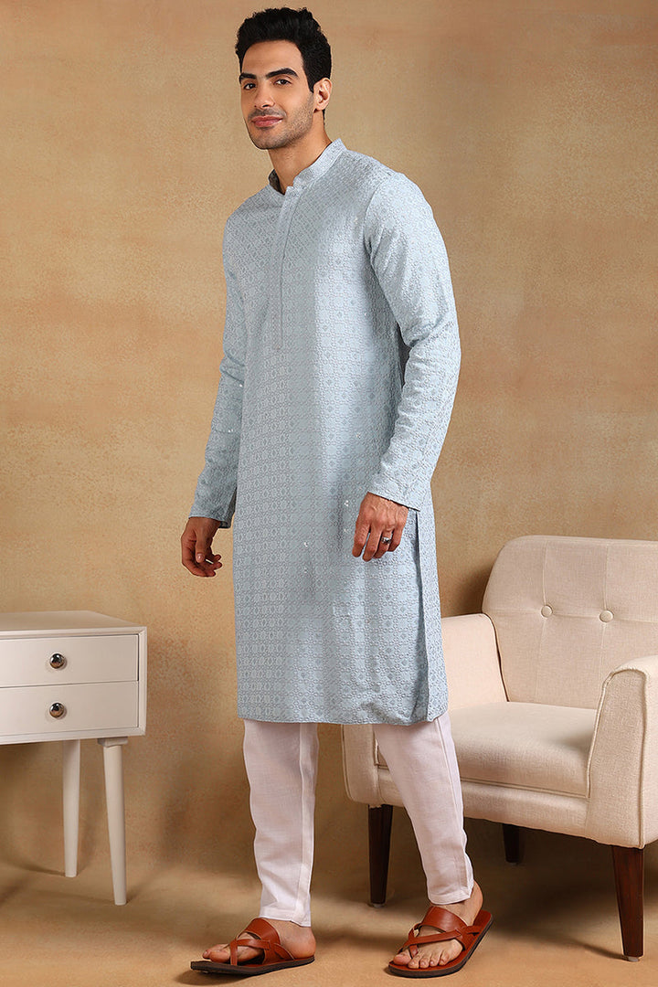 Blue Viscose Rayon Solid Embroidered Straight Kurta For Men | SHOBITAM
