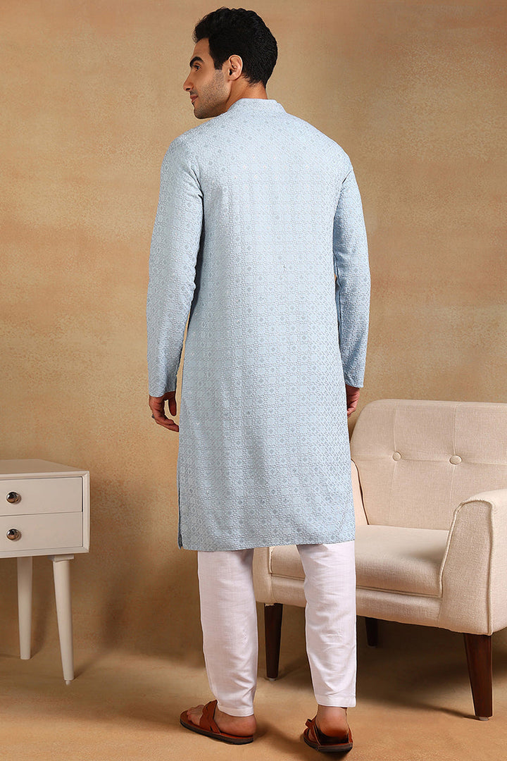 Blue Viscose Rayon Solid Embroidered Straight Kurta For Men | SHOBITAM