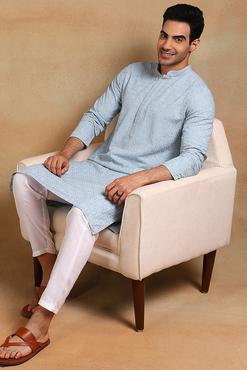 Blue Viscose Rayon Solid Embroidered Straight Kurta For Men | SHOBITAM
