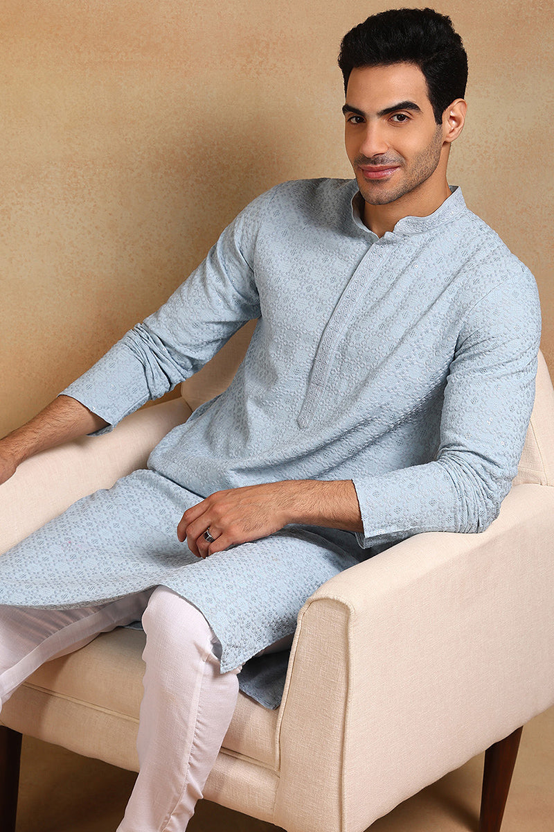 Blue Viscose Rayon Solid Embroidered Straight Kurta For Men | SHOBITAM