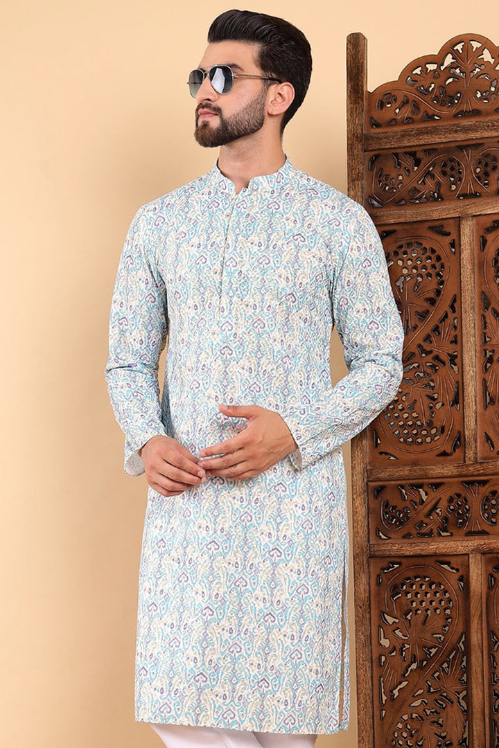 Teal Viscose Rayon Ethnic Motifs Embroidered Straight Kurta For Men | SHOBITAM