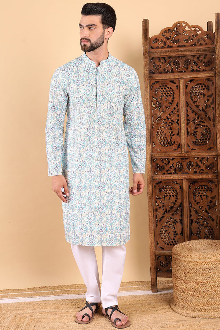 Teal Viscose Rayon Ethnic Motifs Embroidered Straight Kurta For Men | SHOBITAM