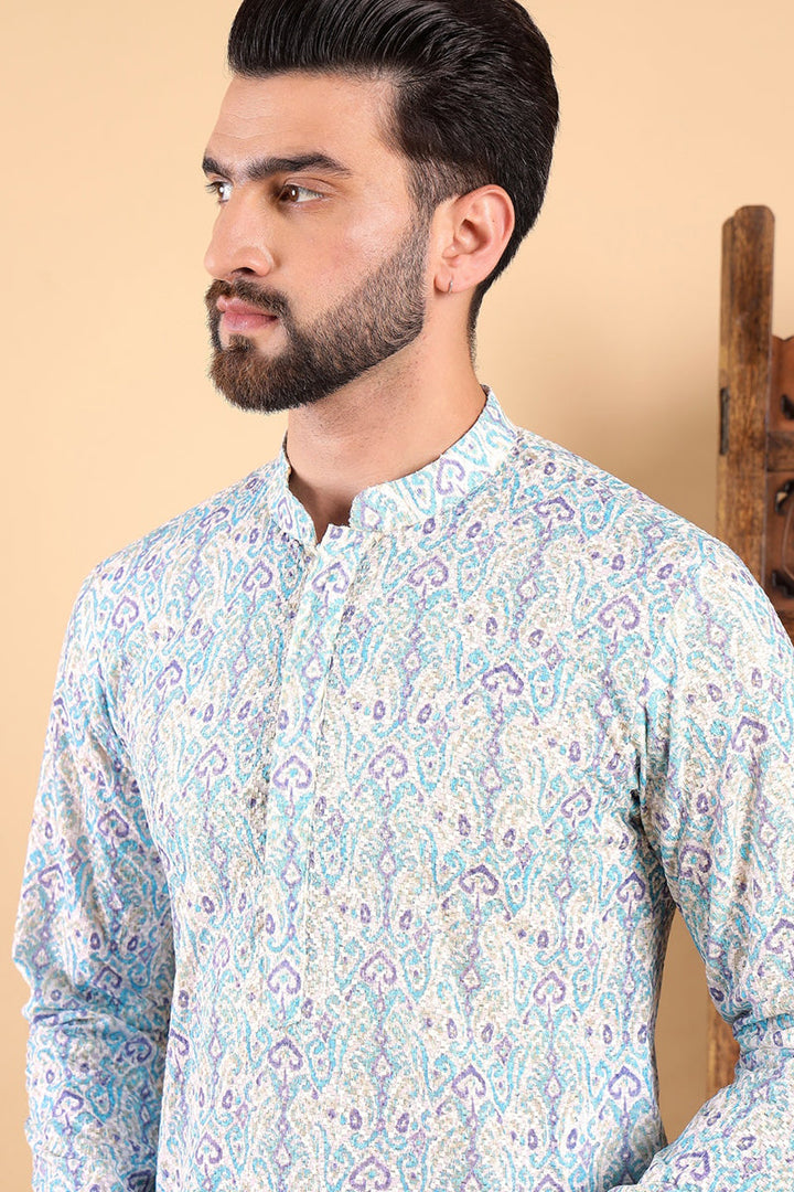 Teal Viscose Rayon Ethnic Motifs Embroidered Straight Kurta For Men | SHOBITAM