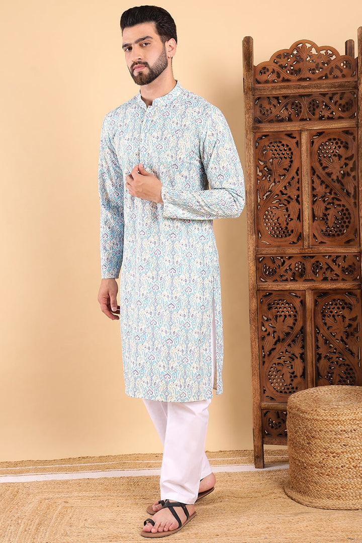 Teal Viscose Rayon Ethnic Motifs Embroidered Straight Kurta For Men | SHOBITAM