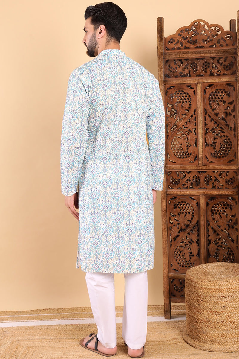 Teal Viscose Rayon Ethnic Motifs Embroidered Straight Kurta For Men | SHOBITAM