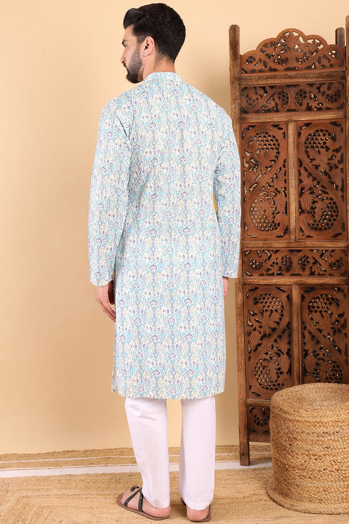Teal Viscose Rayon Ethnic Motifs Embroidered Straight Kurta For Men | SHOBITAM