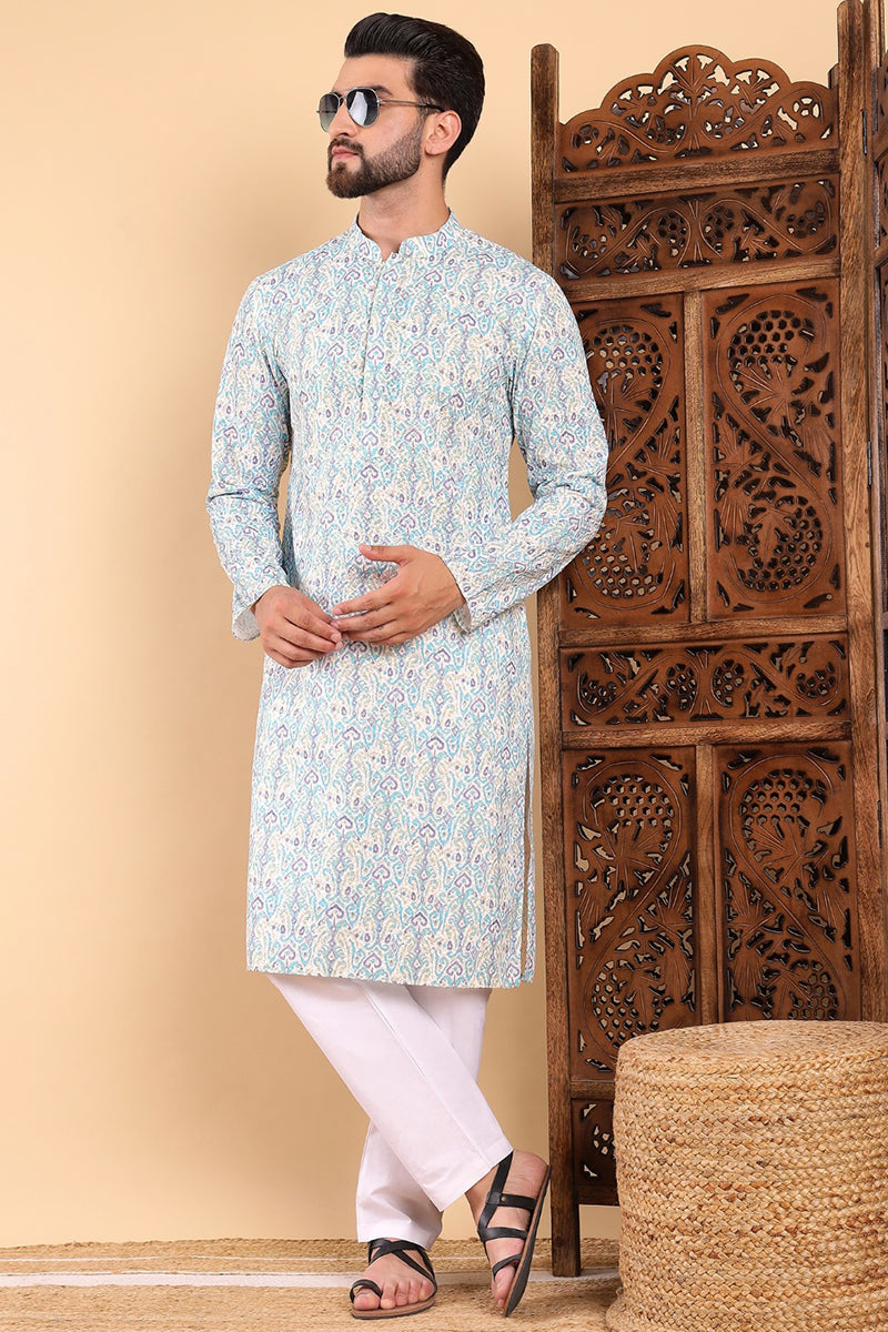 Teal Viscose Rayon Ethnic Motifs Embroidered Straight Kurta For Men | SHOBITAM