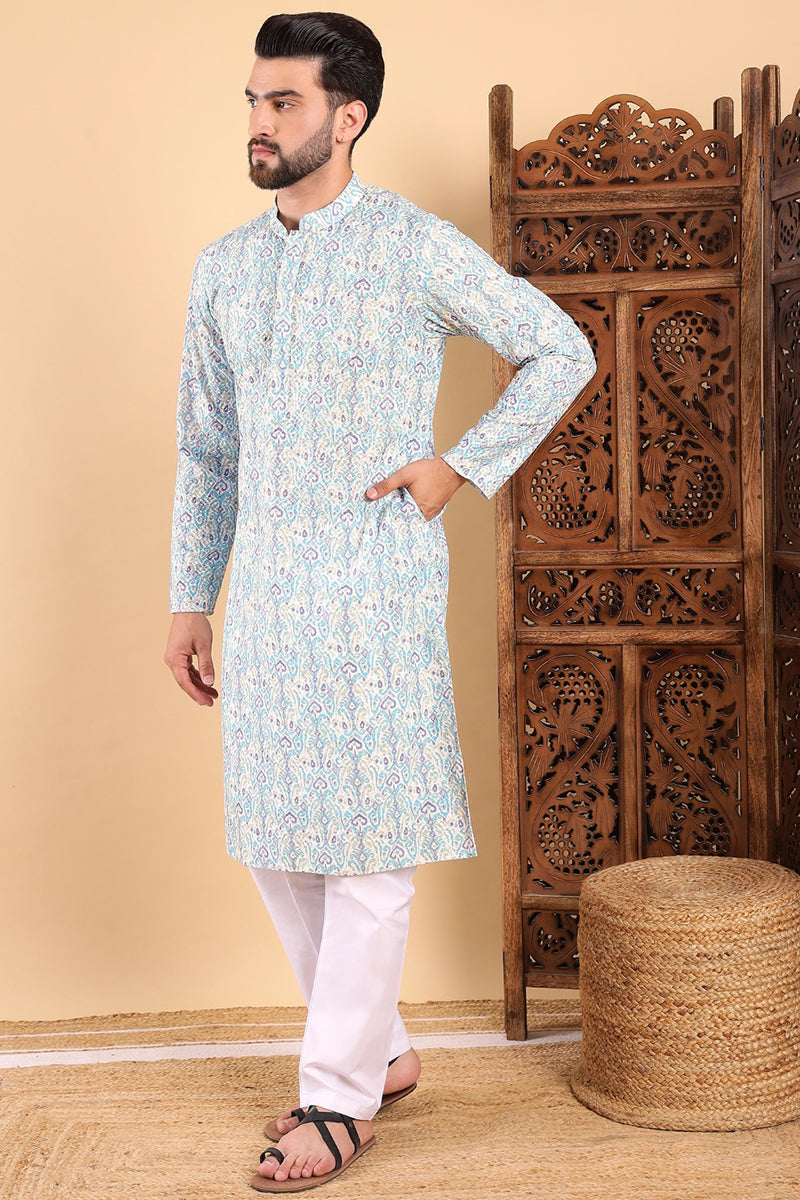 Teal Viscose Rayon Ethnic Motifs Embroidered Straight Kurta For Men | SHOBITAM