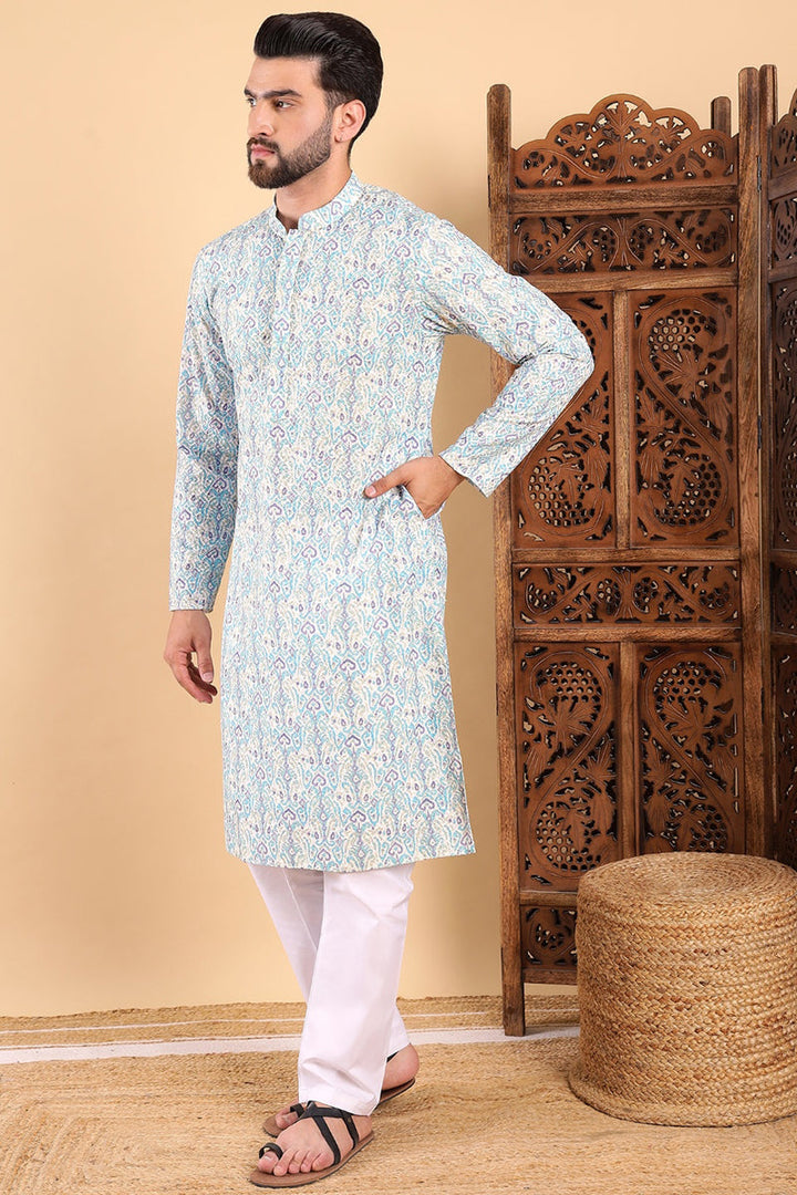 Teal Viscose Rayon Ethnic Motifs Embroidered Straight Kurta For Men | SHOBITAM