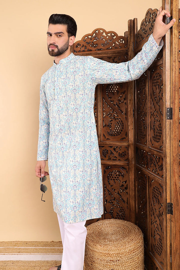 Teal Viscose Rayon Ethnic Motifs Embroidered Straight Kurta For Men | SHOBITAM