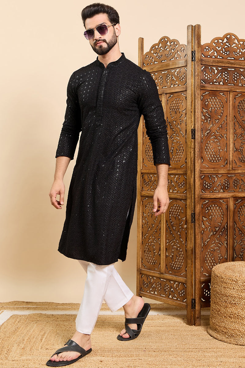 Black Viscose Rayon Solid Embroidered Ethnic Straight Sequins Kurta For Men | SHOBITAM