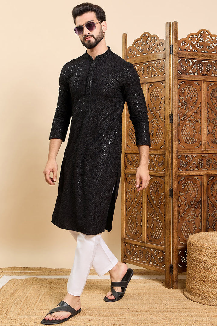 Black Viscose Rayon Solid Embroidered Ethnic Straight Sequins Kurta For Men | SHOBITAM
