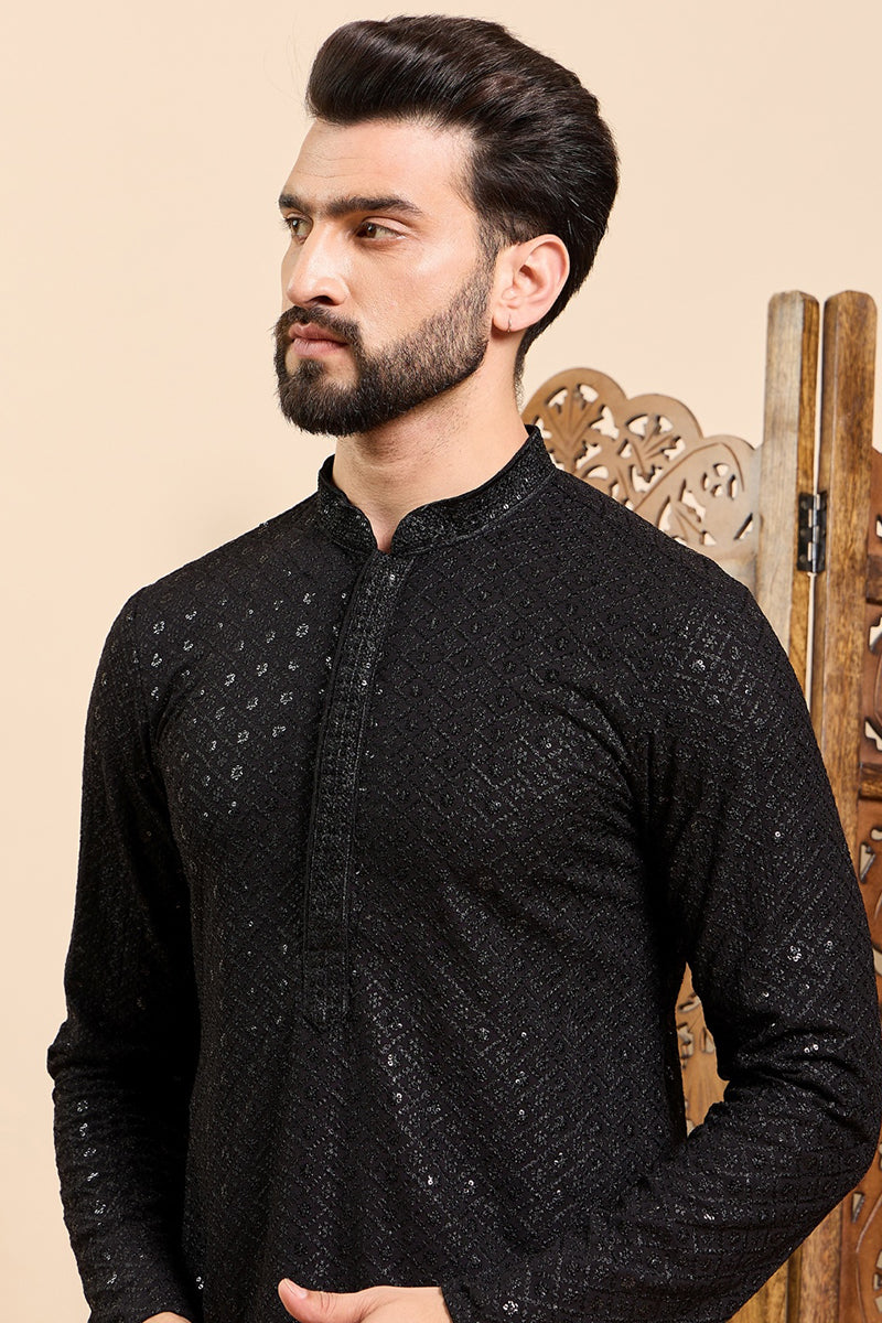 Black Viscose Rayon Solid Embroidered Ethnic Straight Sequins Kurta For Men | SHOBITAM
