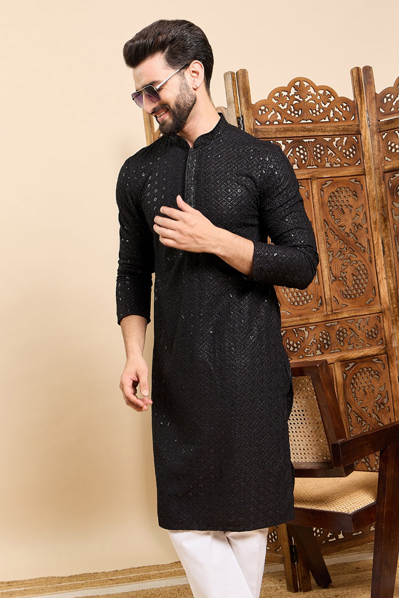 Black Viscose Rayon Solid Embroidered Ethnic Straight Sequins Kurta For Men | SHOBITAM