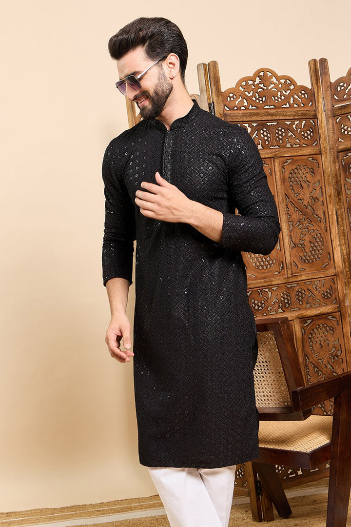 Black Viscose Rayon Solid Embroidered Ethnic Straight Sequins Kurta For Men | SHOBITAM