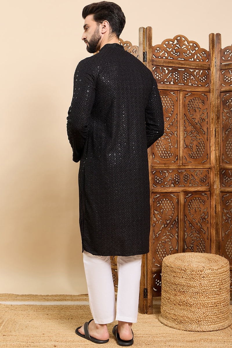 Black Viscose Rayon Solid Embroidered Ethnic Straight Sequins Kurta For Men | SHOBITAM