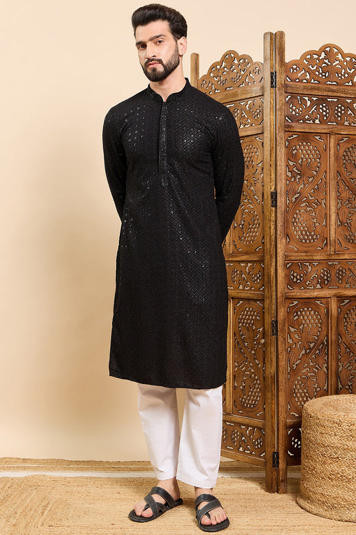 Black Viscose Rayon Solid Embroidered Ethnic Straight Sequins Kurta For Men | SHOBITAM