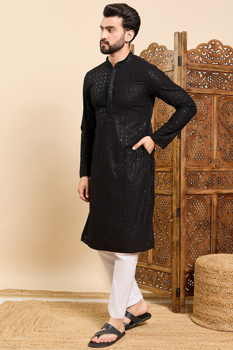 Black Viscose Rayon Solid Embroidered Ethnic Straight Sequins Kurta For Men | SHOBITAM