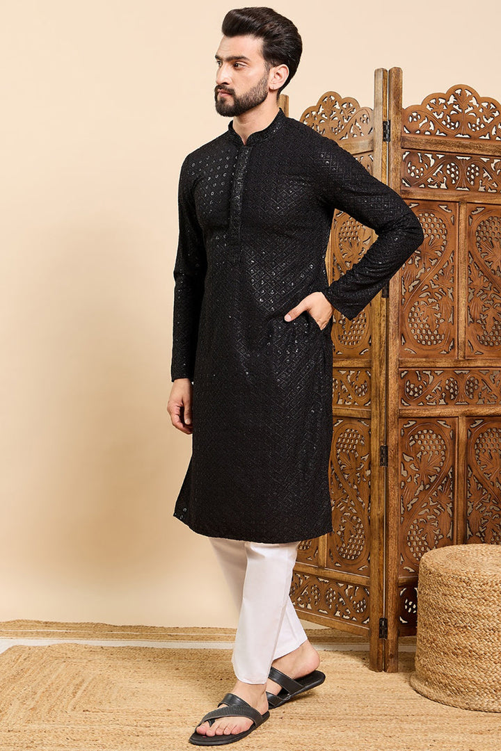 Black Viscose Rayon Solid Embroidered Ethnic Straight Sequins Kurta For Men | SHOBITAM