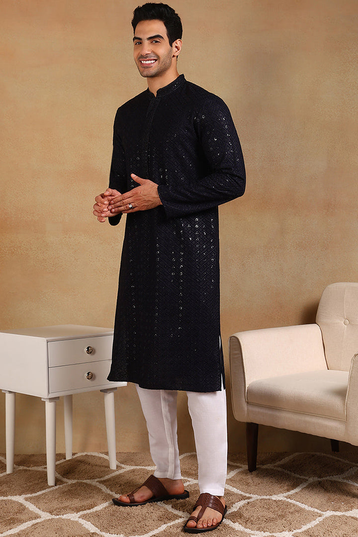 Navy Blue Viscose Rayon Solid Embroidered Straight Kurta For Men | SHOBITAM