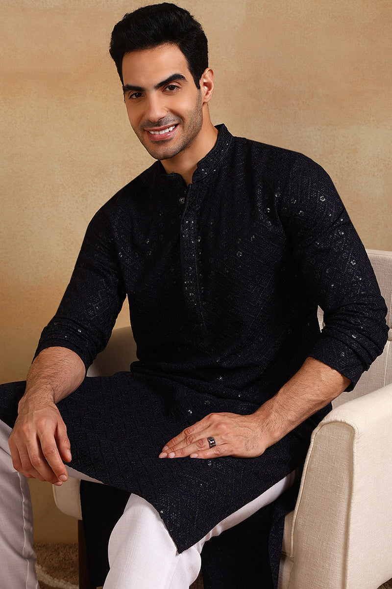 Navy Blue Viscose Rayon Solid Embroidered Straight Kurta For Men | SHOBITAM