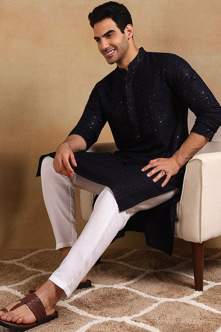 Navy Blue Viscose Rayon Solid Embroidered Straight Kurta For Men | SHOBITAM