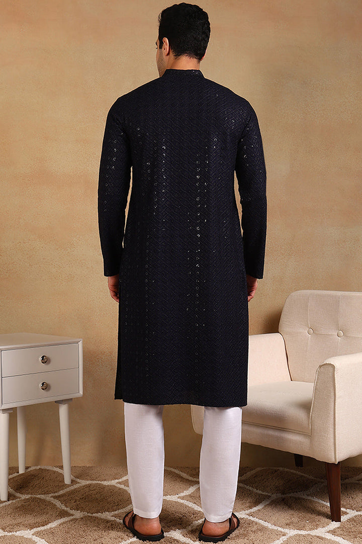 Navy Blue Viscose Rayon Solid Embroidered Straight Kurta For Men | SHOBITAM