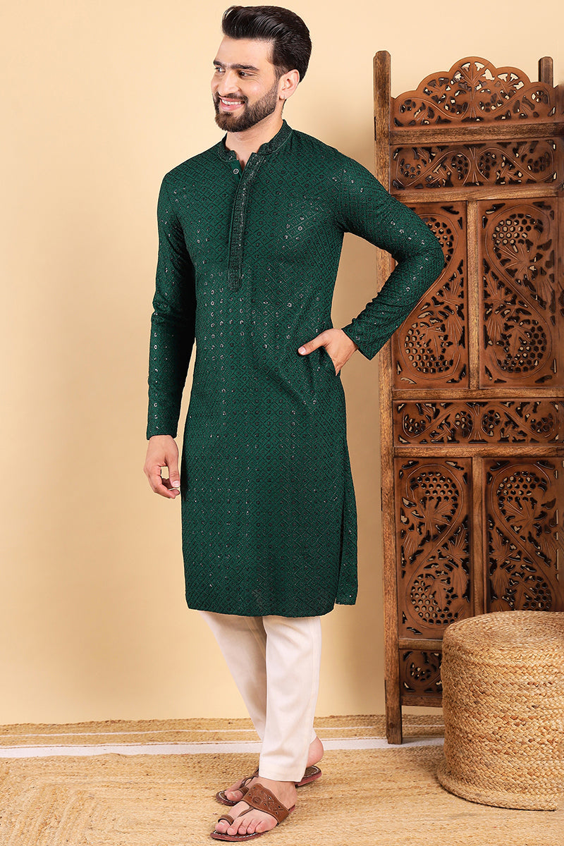 Green Viscose Rayon Solid Embroidered Straight Kurta For Men | SHOBITAM