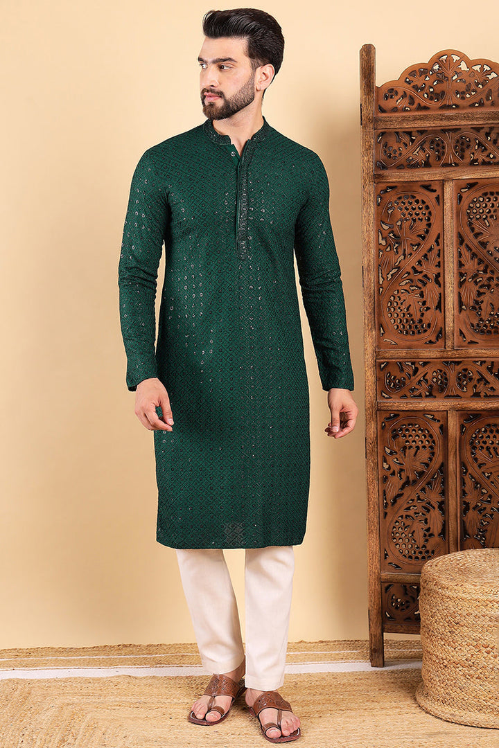 Green Viscose Rayon Solid Embroidered Straight Kurta For Men | SHOBITAM