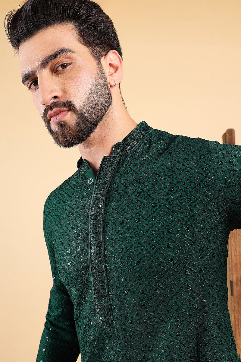 Green Viscose Rayon Solid Embroidered Straight Kurta For Men | SHOBITAM